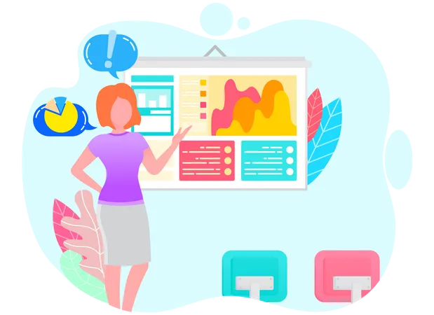 Worker Woman Presenting Graph Report With Link Icons Presenter Discussing Or Researching Growth Chart On Presentation Employee Female And Web Window With Colorful Chart Of Business Strategy Vector Illustration
