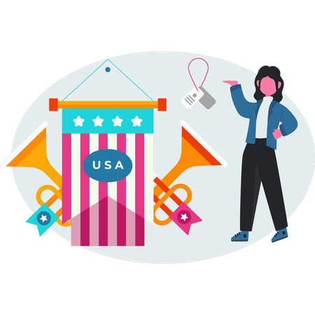 Woman presenting America flag  Illustration