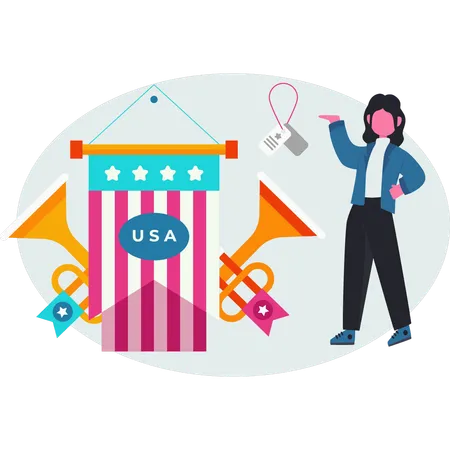 Woman presenting America flag  Illustration