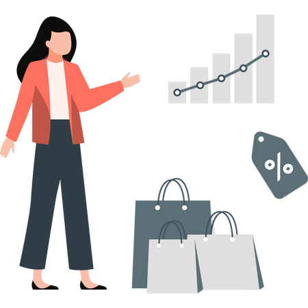 Woman presenting analytic graph of discount shopping  Illustration