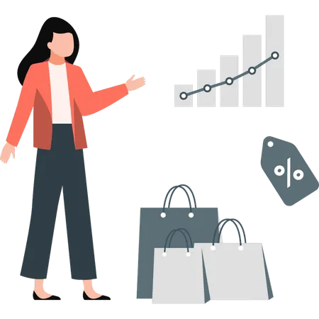 Woman presenting analytic graph of discount shopping  Illustration