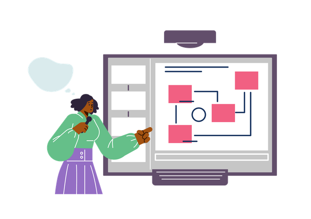 Woman presenting and explaining in microphone and pointing on screen with infographics  Illustration