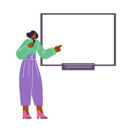 Woman presenting and explaining in microphone and pointing on white screen  Illustration