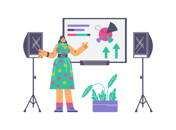 Woman presenting and explaining screen statistics charts  Illustration