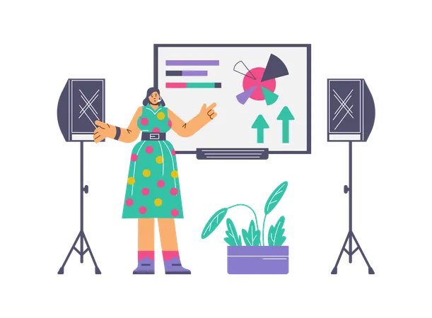 Woman presenting and explaining screen statistics charts  Illustration