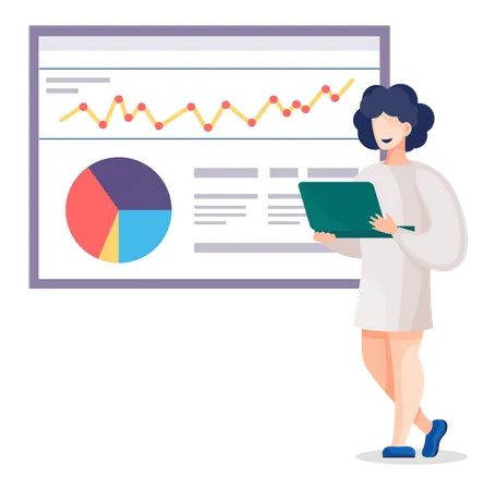 Woman Explaining Statistics Charts And Diagrams On Presentation Person Telling About Project Plans Strategies And Analytics Lady Work At Business Company Vector Illustration Of Appointment In Flat 일러스트레이션