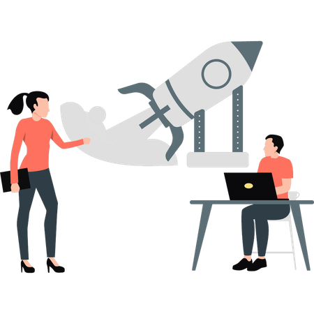 Woman presenting business rocket  Illustration