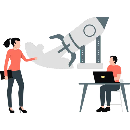 Woman presenting business rocket  Illustration