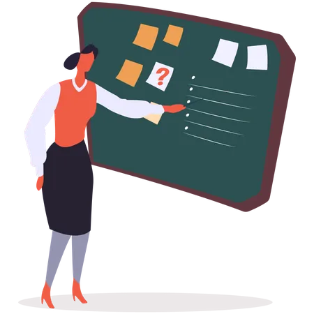 Businesswoman Making Appointments And Giving Tasks Vector Flat Style Character With Presentation On Whiteboard Task Bard With Memos And Question Mark Time Management And Workflow Organization Illustration