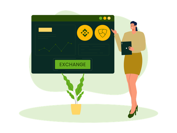 Woman presenting cryptocurrency exchange Illustration