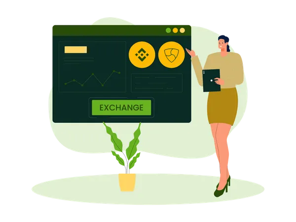 Woman presenting cryptocurrency exchange Illustration