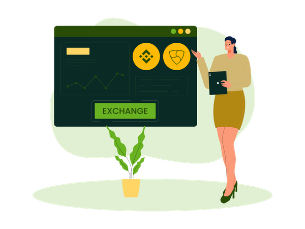 Woman presenting cryptocurrency exchange  Illustration