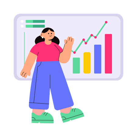 Woman presenting cryptocurrency market statistics  Illustration