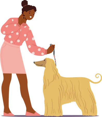 Woman presenting dog at pet exhibition  Illustration