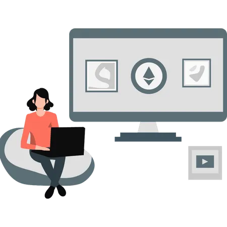 Woman presenting ethereum coin on laptop  Illustration