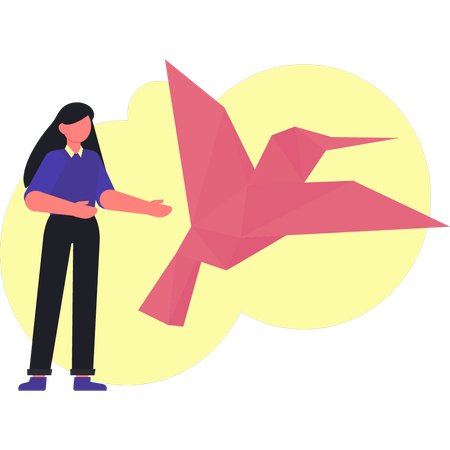 Woman presenting flying sparrow  Illustration