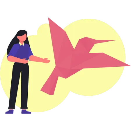 Woman presenting flying sparrow  Illustration