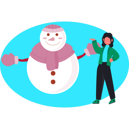 Woman presenting fulffy snowman  Illustration