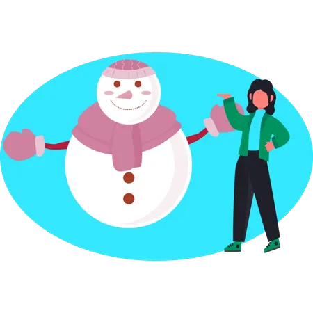 Woman presenting fulffy snowman  Illustration