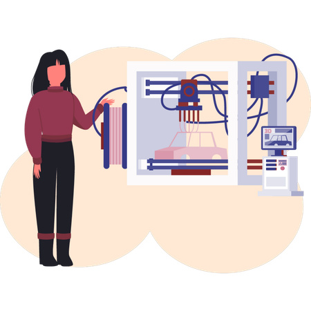 Woman presenting industrial robotic printer  Illustration