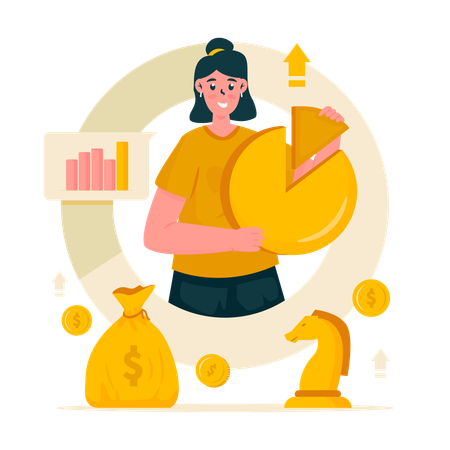 Woman presenting market share on pie chart as business investment target  Illustration