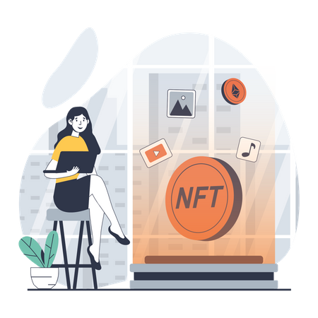 Woman presenting nft token  Illustration