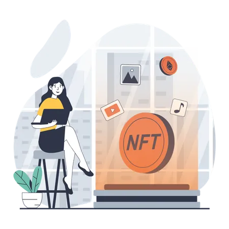 Woman presenting nft token  Illustration