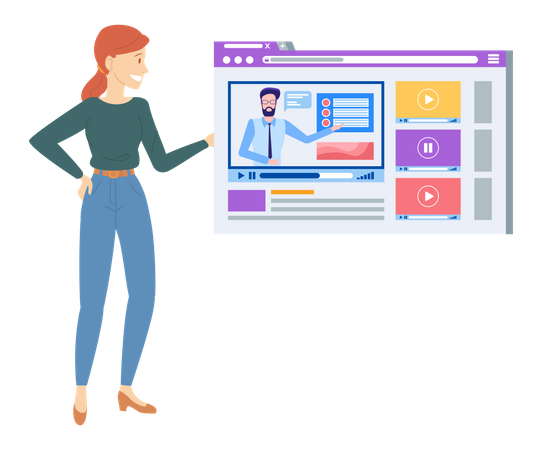 Woman presenting online education website  Illustration