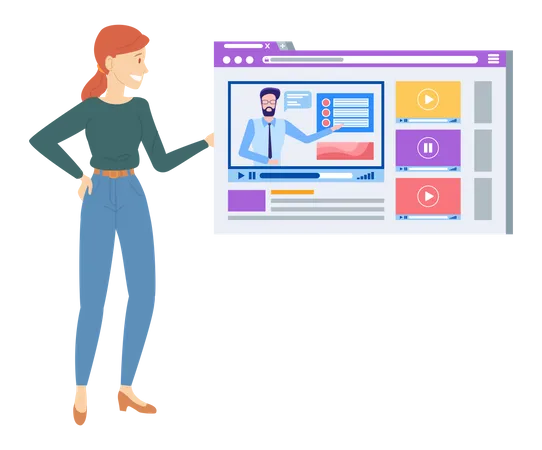 Woman presenting online education website  Illustration