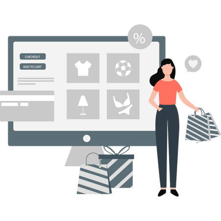 Woman presenting online shopping discount  Illustration