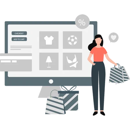 Woman presenting online shopping discount  Illustration