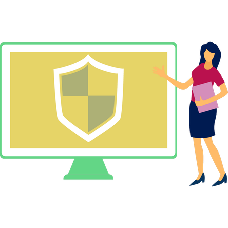 Woman  presenting protection shield on monitor  Illustration