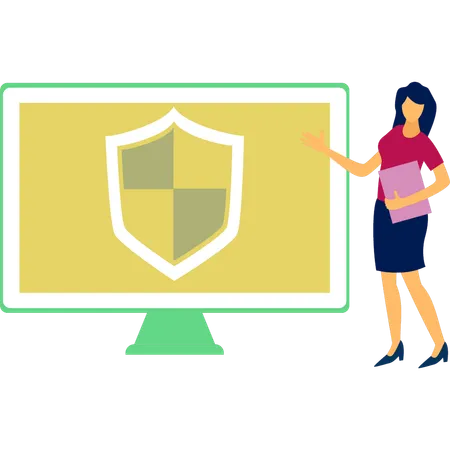 Woman  presenting protection shield on monitor  Illustration