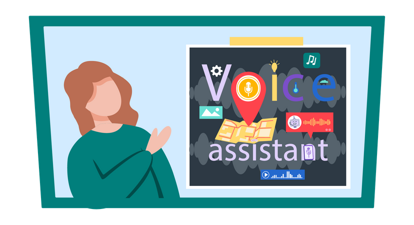 Woman presenting voice assistant technology Illustration
