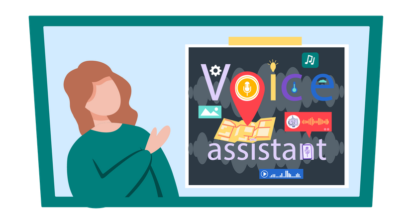 Woman presenting voice assistant technology  Illustration