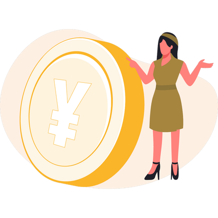 Woman presenting yuan coin  Illustration