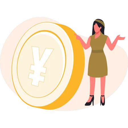 Woman presenting yuan coin  Illustration