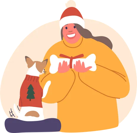 Woman Presents A Festive Christmas Gift Bone To Her Loyal And Beloved Dog With Love And Anticipation Bringing Happiness And Wagging Tails To Their Holiday Celebrations Cartoon Vector Illustration Illustration