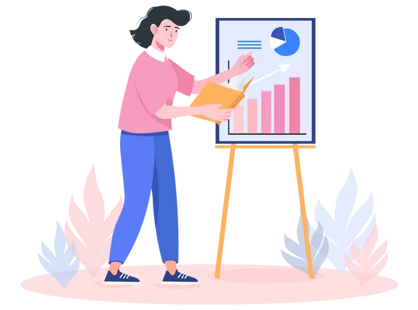 Business Process Concept With People Scene In Flat Cartoon Design Woman Presents Her Business Plan Using Whiteboard With Charts And Tables Vector Illustration Illustration