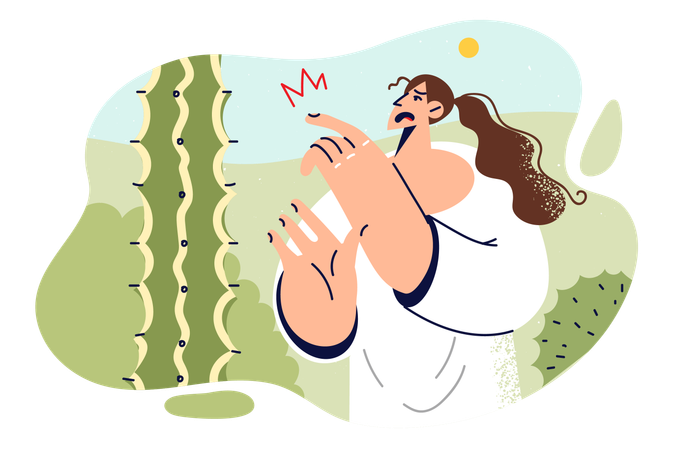 Woman pricked finger on cactus touching needle and injuring herself  Illustration