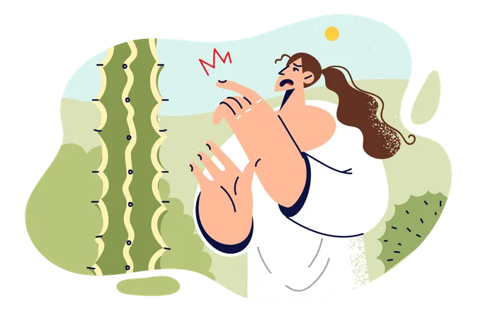 Woman Pricked Finger On Cactus Touching Needle And Injuring Herself Walking In Mexican Desert Girl Who First Saw Cactus Experienced Pain Touched Exotic Plant That Causes Curiosity 일러스트레이션