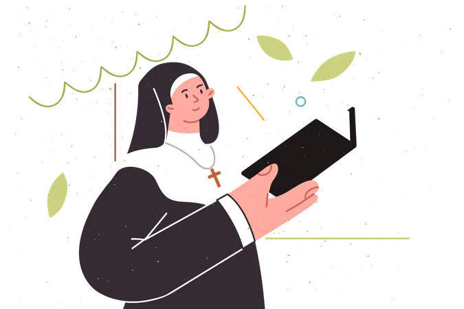 Woman Priest Reads Religious Literature Or Old Testament Standing In Park Dressed In Monastic Robe Girl Priest Studies Christian Bible Describing Rules Of Conduct For Church Employees Illustration