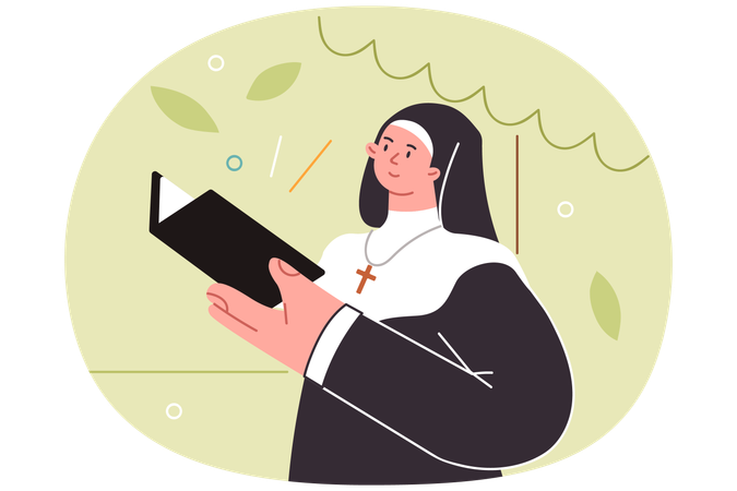 Woman priest reads religious literature or old testament standing in park dressed in monastic robe  Illustration