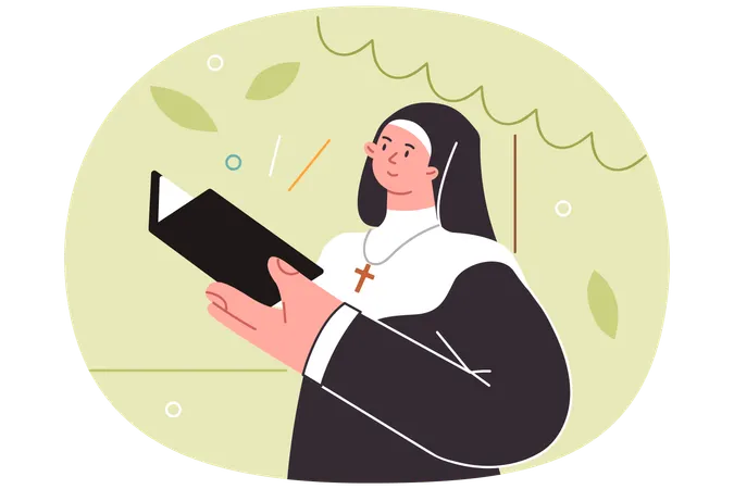 Woman priest reads religious literature or old testament standing in park dressed in monastic robe  Illustration