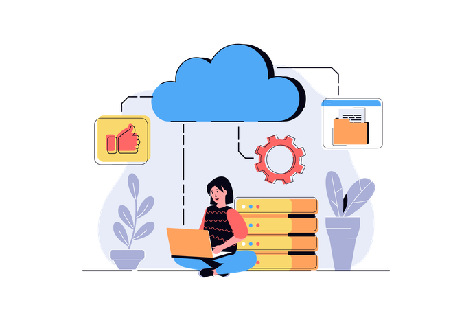 Woman processing information and files at laptops using cloud storage and data backup  Illustration