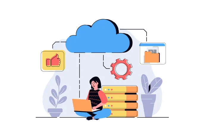 Woman processing information and files at laptops using cloud storage and data backup  Illustration
