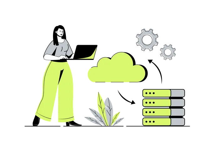 Woman processing information using cloud data storage and cloudscape backup  Illustration