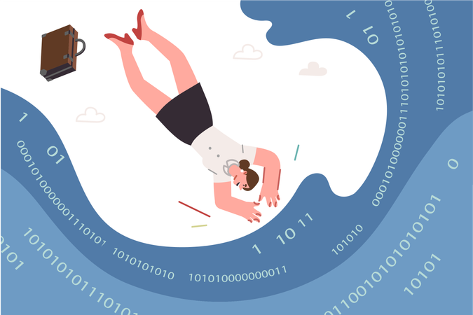 Woman programmer dives into sea of computer code as metaphor for learning programming languages  Illustration