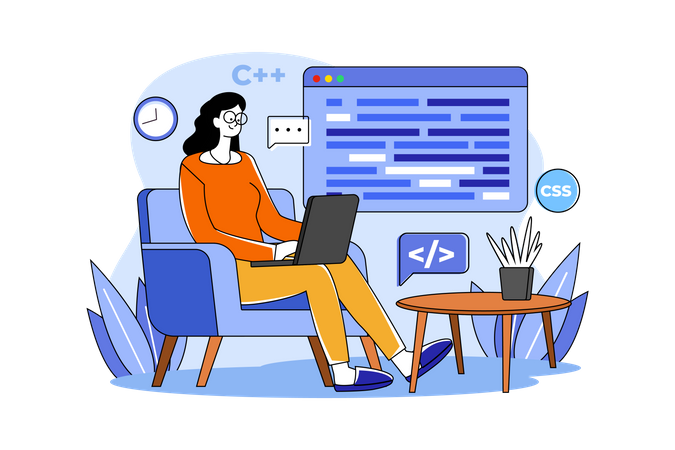 Woman Programming On A Laptop  Illustration