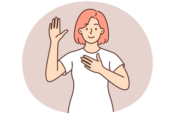 Woman promises to tell truth or takes solemn oath and swears with hand over heart and raising palm  Illustration